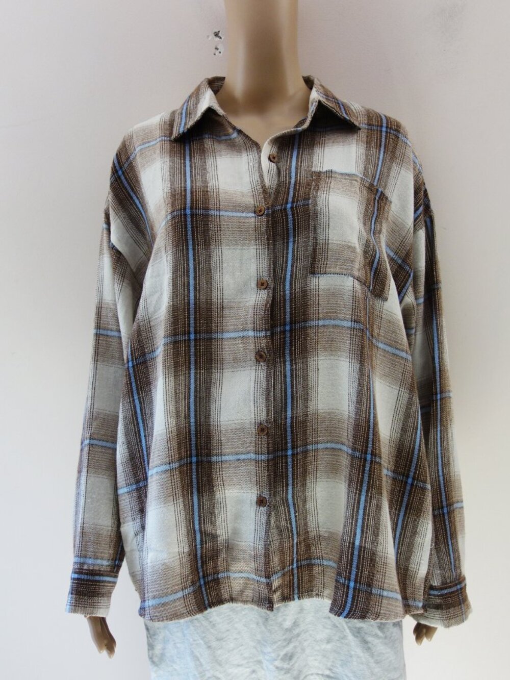 Love Notes Relaxed Fit Brown and Blue Plaid Button Down Shirt (M) NWT!